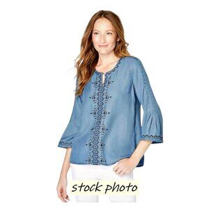 J Jill Embroidered Chambray Tunic Top LARGE Tencel BOHO Peasant Relaxed Resort